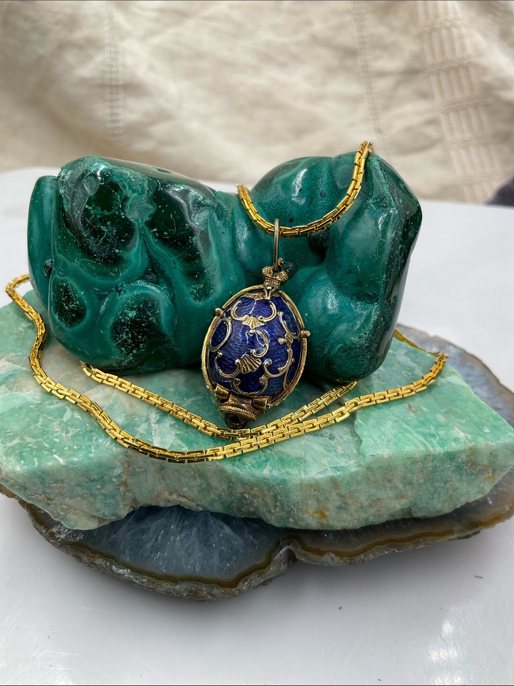 18” Gold Chain Necklace With Blue Fabrerge’ Style Enamel Egg Pendant W/Flowers